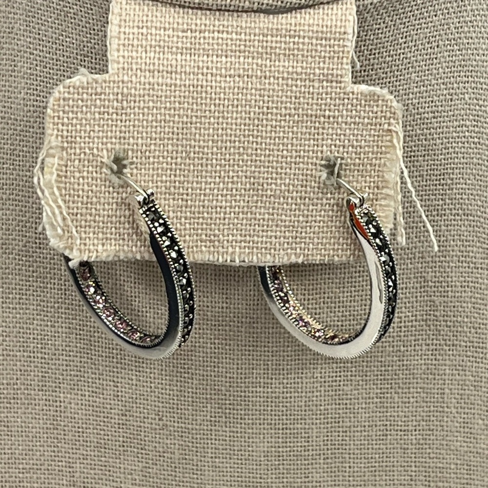 Vintage Suspicion 925 Sterling Silver Marcasite Hoop Earrings with Purple Gems - Picture 9 of 17
